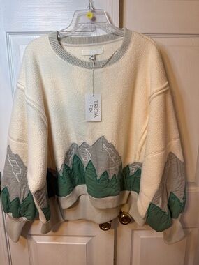 Tricia Fix Cream Crewneck Sweater with Green & Gray Mountain Motif